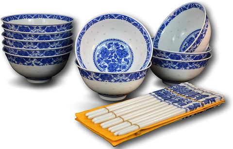 10 Pc Fine Porcelain Blue and White Rice Pattern Bowl, Bowl Set, with Free 10 Pairs of Porcelain Chopsticks Jingdezhen, Soup Bowl, Bowl Set, Fruit Bowl, Cereal Bowl