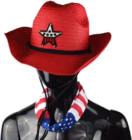 Festcool Straw Western Cowboy Hats 6 Per Package 6 Free American Flag Bandanas