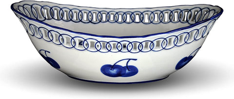 14" Blue and White Fruit Fretwork Oval Serving Bowls, Salad Bowls, Fruit Bowls, Hand-crafted, Jingdezhen