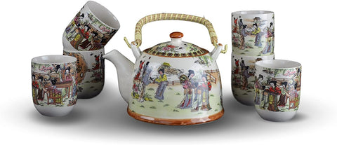 7 Pc Premium Blue Porcelain Tea Set Teaset Fine Tea Pot Tea Cups Traditional Ladies