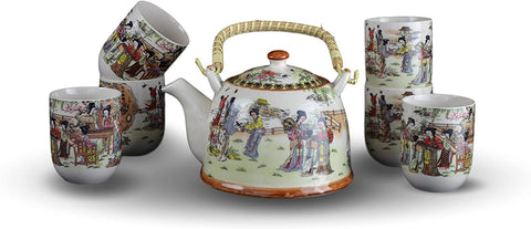 7 Pc Premium Blue Porcelain Tea Set Teaset Fine Tea Pot Tea Cups Traditional Ladies