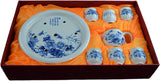8 Pcs Premium Blue and White Porcelain Tea Set Fine Tea Pot Tea Cups Tea Tray Traditional Butterfly and Flowers