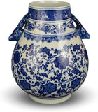 Classic Blue and White Floral Porcelain Vase, Double Deer Head Handles China Ming Style 10", Free Wood Base