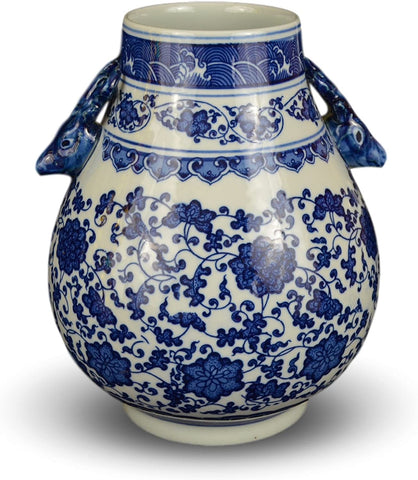 Classic Blue and White Floral Porcelain Vase, Double Deer Head Handles China Ming Style 10", Free Wood Base