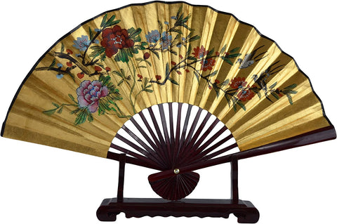 1980s Vintage Classic 27-inch Hand-painted Decorative Fan, Paper Fan, Gold Leaf, Magpies Cherry Blossom Poeny Blessings of Good Luck, Chinese Japanese Style, with Stand (T202)