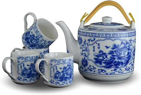 5 Pc Large Premium Flowers and Butterfly Blue and White Tea Set Teaset Fine Tea Pot Tea Cups Traditional