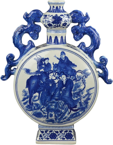 Blue and White Porcelain Eight Immortals Flat Jar Vase （D4）