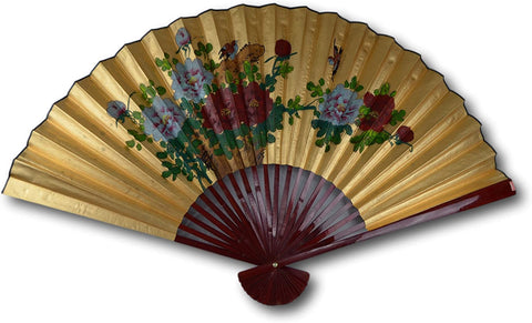 Vintage Classic Extra Large 68-inch Hand-painted Chinese Decorative Wall Fan, Gold Leaf, Paper Fan, Birds and Peony Flowers, Japanese Style (XL682)