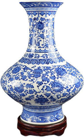 Classic Blue and White Floral Porcelain Ceramic Vase, 15", Free Wood Base