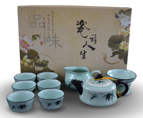 9 Pc Handmade Celadon Porcelain Tea Sets Fine Tea Pot Tea Cups Traditional Longquan Kiln Bamboo