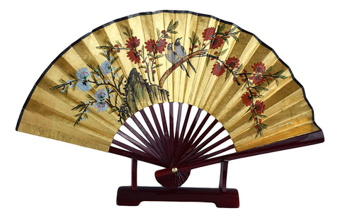 1980s Vintage Classic 24-inch Hand-painted Decorative Fan, Gold Leaf, Magpie on Flowers Blessings of Happiness, Bird, Chinese Japanese Style, with Stand (T102)