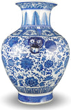 18" Classic Blue and White Floral Porcelain Vase, Double Lion Head Ears Ceramic China Ming Style