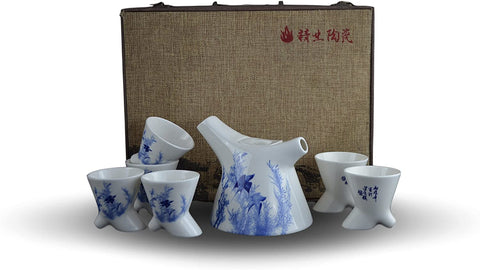 7 Pc Premium Bird and Cherry Blossom Blue and White Tea Set Fine Tea Pot Tea Cups Traditional