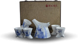 7 Pc Premium Bird and Cherry Blossom Blue and White Tea Set Fine Tea Pot Tea Cups Traditional