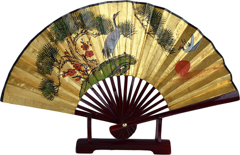 1980s Vintage Classic 24-inch Hand-painted Decorative Fan, Gold Leaf, Cranes Cherry Blossom Pine Blessings of Happiness, Bird, Chinese Japanese Style, with Stand (T105)