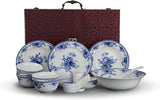 28-piece Bone China Blue and White Dinnerware Set, Service for 6, Rice Bowl Set, Jingdezhen,