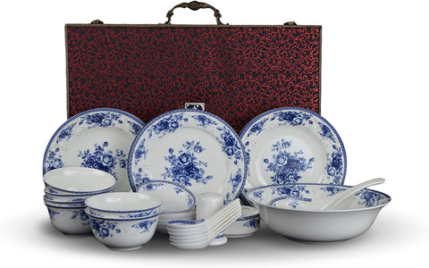 28-piece Bone China Blue and White Dinnerware Set, Service for 6, Rice Bowl Set, Jingdezhen,