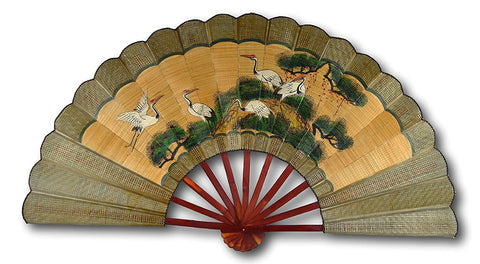 All Bamboo Vintage Classic Large 56-inch Hand-painted Chinese Decorative Wall Fan, Bamboo Braided, Cranes and Pine for Blessings of Longevity
