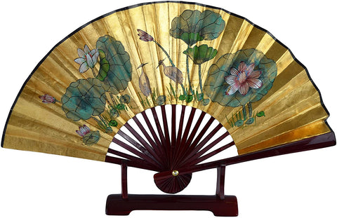 1980s Vintage Classic 27-inch Hand-Painted Decorative Fan, Paper Fan, Gold Leaf, Waterfowls and Lotus Blessings of Good Fortune, Chinese Japanese Style, with Stand (T201)