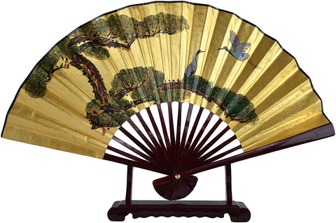 1980s Vintage Classic 30-inch Hand-painted Decorative Fan, Paper Fan, Gold Leaf, Cranes and Pines All Blessings of Longevity, Chinese Japanese Style, with Stand