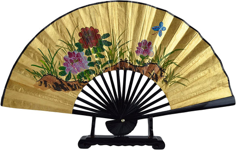 1980s Vintage Classic 30-inch Hand-Painted Decorative Fan, Paper Fan, Gold Leaf, Butterfly Between Flowers All Blessings of Good Luck, Chinese Japanese Style, with Stand (T304)