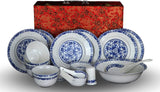 28-piece Bone China Blue and White Dinnerware Set, Service for 6, Rice Bowl Set, Jingdezhen,